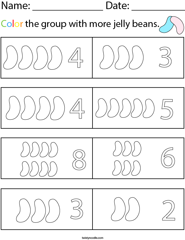 Color the group with more jelly beans Math Worksheet - Twisty Noodle